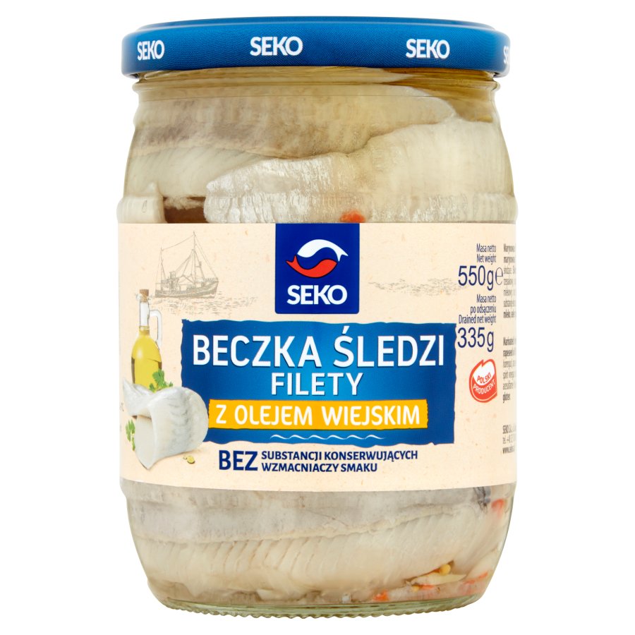 Seko beczka sledzi filety w oleju wiejskim 550g