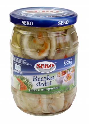 Seko beczka sledzi korki z warzywami 550g